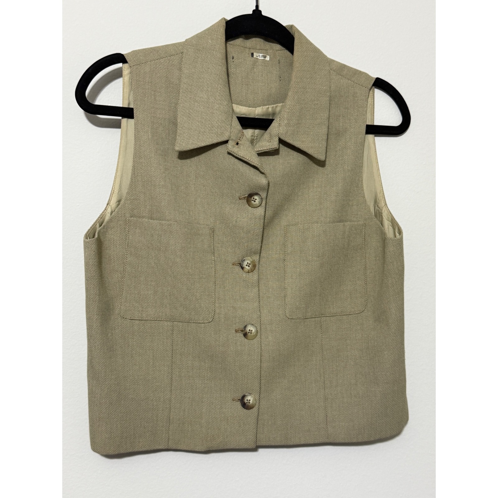 Vtg Tan Collared Button Up Cropped Vest Pockets Womens M Preppy Minimalist
